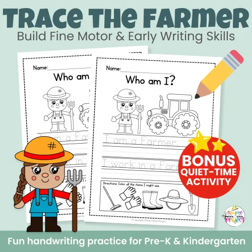 Need a simple farm theme craft? This farmer cut & paste activity helps kids learn about farming jobs while building scissor skills and fine motor strength. Includes bonus worksheets and coloring pages — no prep required!