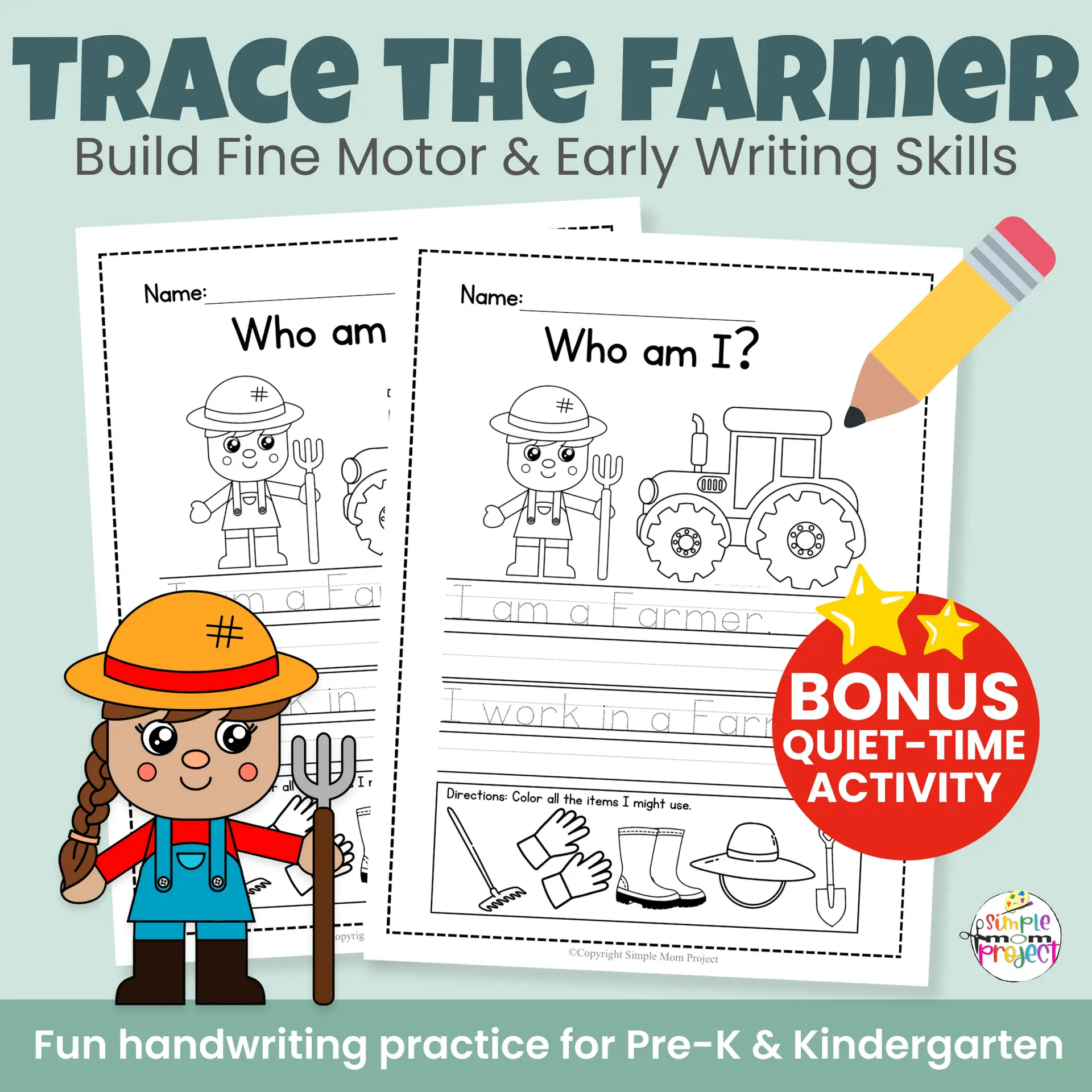Need a simple farm theme craft? This farmer cut & paste activity helps kids learn about farming jobs while building scissor skills and fine motor strength. Includes bonus worksheets and coloring pages — no prep required!