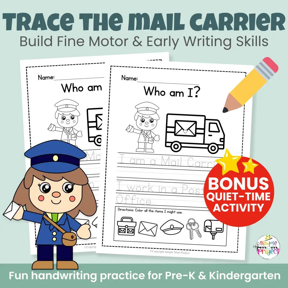 Teach kids about helpers in their community with this printable mail carrier craft. Hands-on activity includes a cut & paste mail carrier plus FREE bonus coloring pages, tracing practice, and labeling pages. Perfect for preschool, kindergarten, and homeschool use.