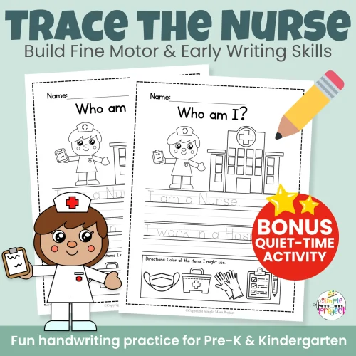 Need a simple health theme craft? This nurse cut & paste activity helps kids learn about nurses while building scissor skills and fine motor strength. Includes bonus worksheets and coloring pages — no prep required!