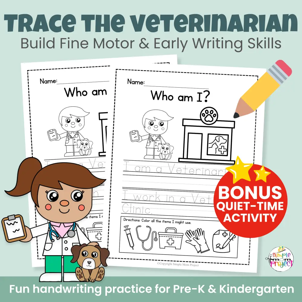 Add this veterinarian cut & paste craft to your community helper unit. Designed for early learners, this printable craft supports cutting, gluing, and hands-on learning in a fun and engaging way.