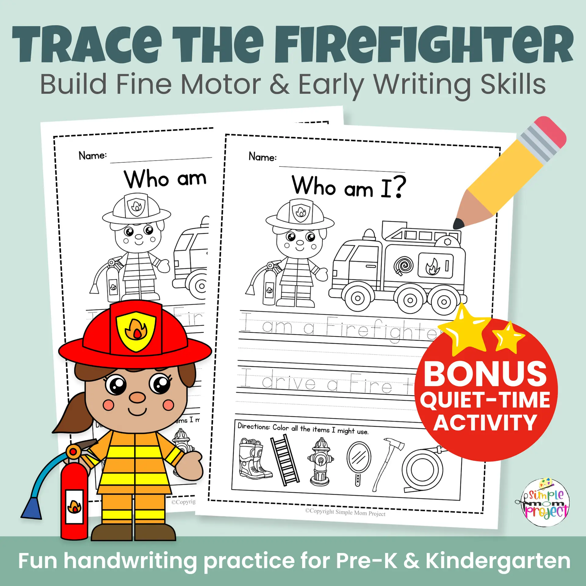 Need a simple Fire Safety Week craft? This firefighter cut & paste activity helps kids learn about firefighters while building scissor skills and fine motor strength. Includes bonus worksheets and coloring pages — no prep required!