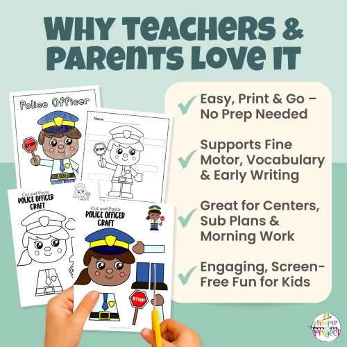 This police officer craft printable keeps kids engaged while supporting early learning skills. Cut, paste, trace, and label activities help build confidence and creativity. Includes inclusive character options and FREE bonus activities.