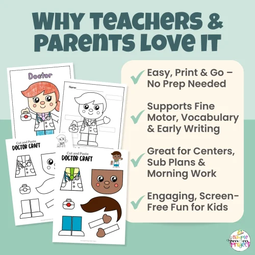 This doctor craft for kids is ideal for preschool, kindergarten, and early elementary learners. Children assemble a doctor while strengthening fine motor skills. Includes FREE bonus tracing worksheet, labeling activity, and coloring pages for extended learning.