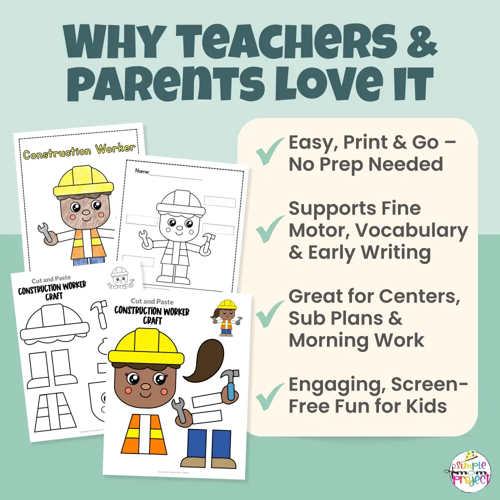 This construction worker craft printable keeps kids engaged while supporting early learning skills. Cut, paste, trace, and label activities build confidence and creativity. Includes inclusive character options and FREE bonus activities.
