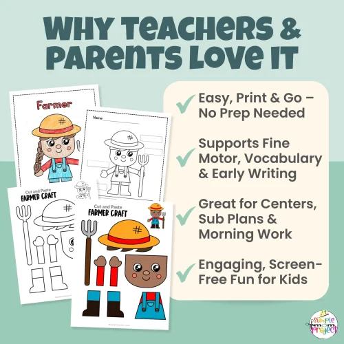 This farmer craft printable keeps kids engaged while supporting early learning skills. Cut, paste, trace, and label activities build confidence and creativity. Includes inclusive character options and FREE bonus activities.