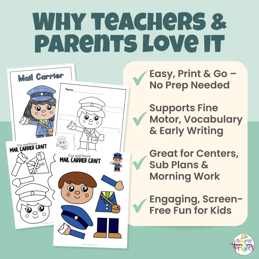 Need a simple community helper or neighborhood theme craft? This mail carrier cut & paste activity helps kids learn about mail delivery while building scissor skills and fine motor strength. Includes bonus worksheets and coloring pages — no prep required!