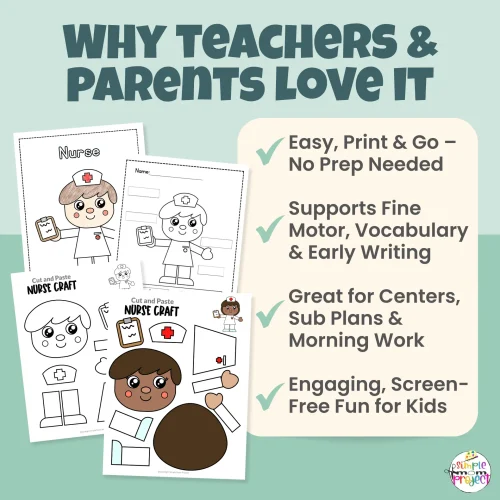 This nurse craft printable keeps kids engaged while supporting early learning skills. Cut, paste, trace, and label activities build confidence and creativity. Includes inclusive character options and FREE bonus activities.