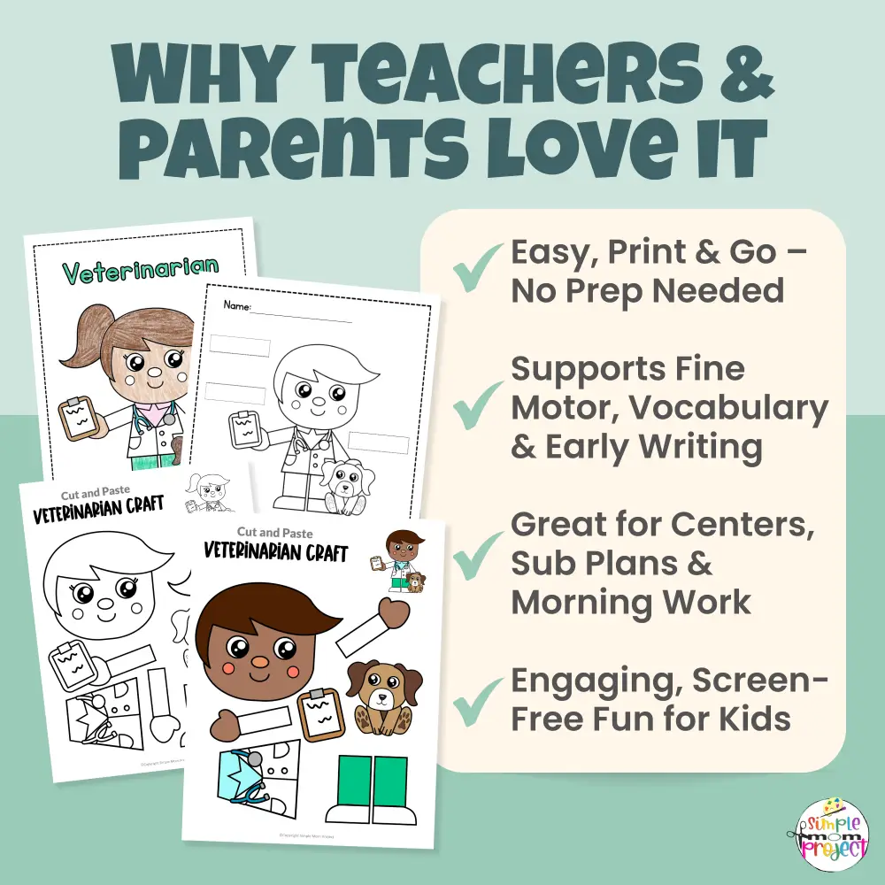 This printable veterinarian cut & paste activity is perfect for preschool and kindergarten classrooms. Kids build their own vet while practicing fine motor skills. Ideal for centers, homeschool, and print-and-go lessons.