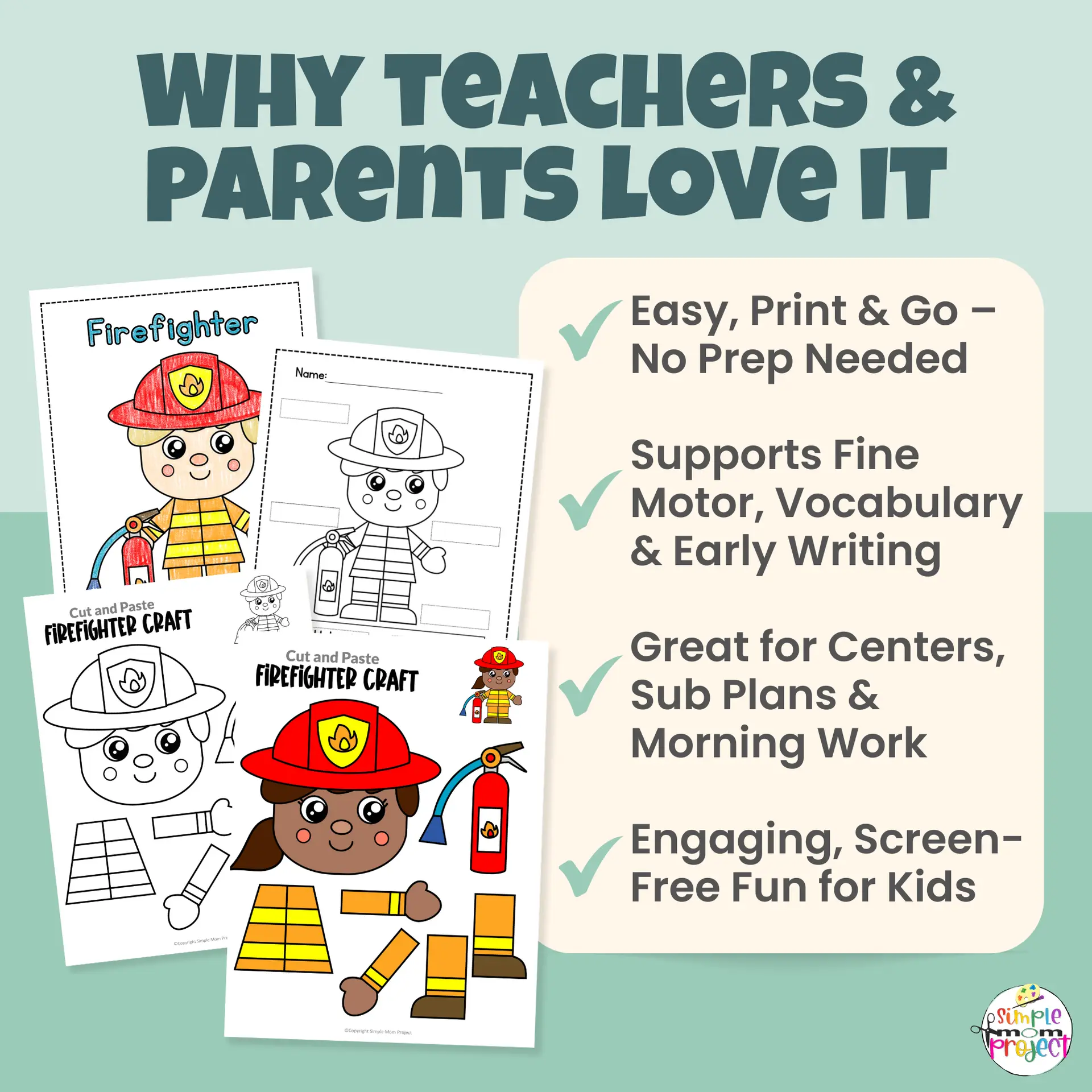 This firefighter craft printable is a favorite for teachers and parents! Kids cut, paste, trace, and label while learning about community helpers. Includes inclusive character options and FREE bonus activities. Great for classrooms, homeschool, and learning centers.