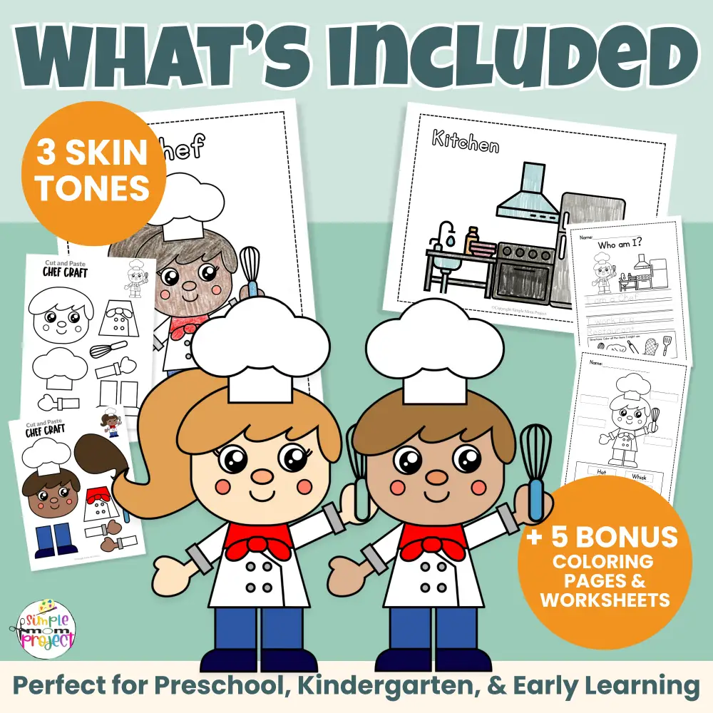 Looking for a low-prep community helper chef craft? This printable cut & paste activity helps kids build scissor skills, early writing, and vocabulary. Includes male & female chef options, inclusive skin tones, and bonus worksheets teachers love. Just print and go!