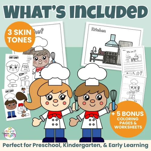 Looking for a low-prep community helper chef craft? This printable cut & paste activity helps kids build scissor skills, early writing, and vocabulary. Includes male & female chef options, inclusive skin tones, and bonus worksheets teachers love. Just print and go!