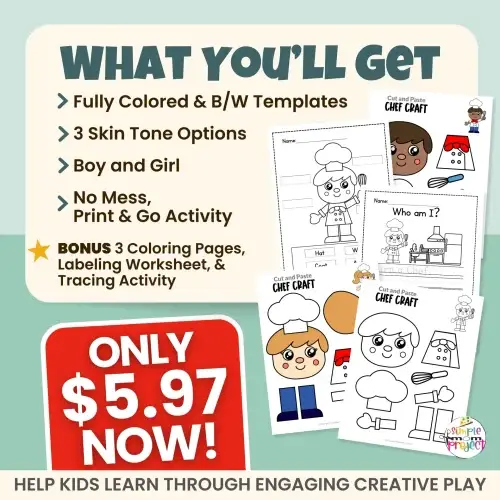 This chef craft printable keeps kids engaged while supporting early learning skills. Cut, paste, trace, and label activities build confidence and creativity. Includes inclusive character options and FREE bonus activities.