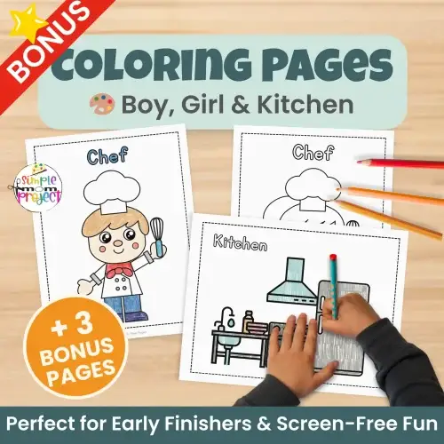 Teach kids about helpers in the community with this printable chef craft. Hands-on activity includes a cut & paste chef plus FREE bonus coloring pages, tracing practice, and labeling pages. Perfect for preschool, kindergarten, and homeschool use.