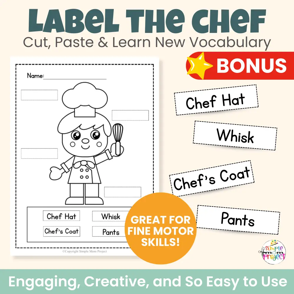 Add this chef cut & paste activity to your community helper or food-themed lessons. Easy print-and-go craft with bonus tracing and labeling worksheets that support early writing and vocabulary development. Great for centers and sub plans.