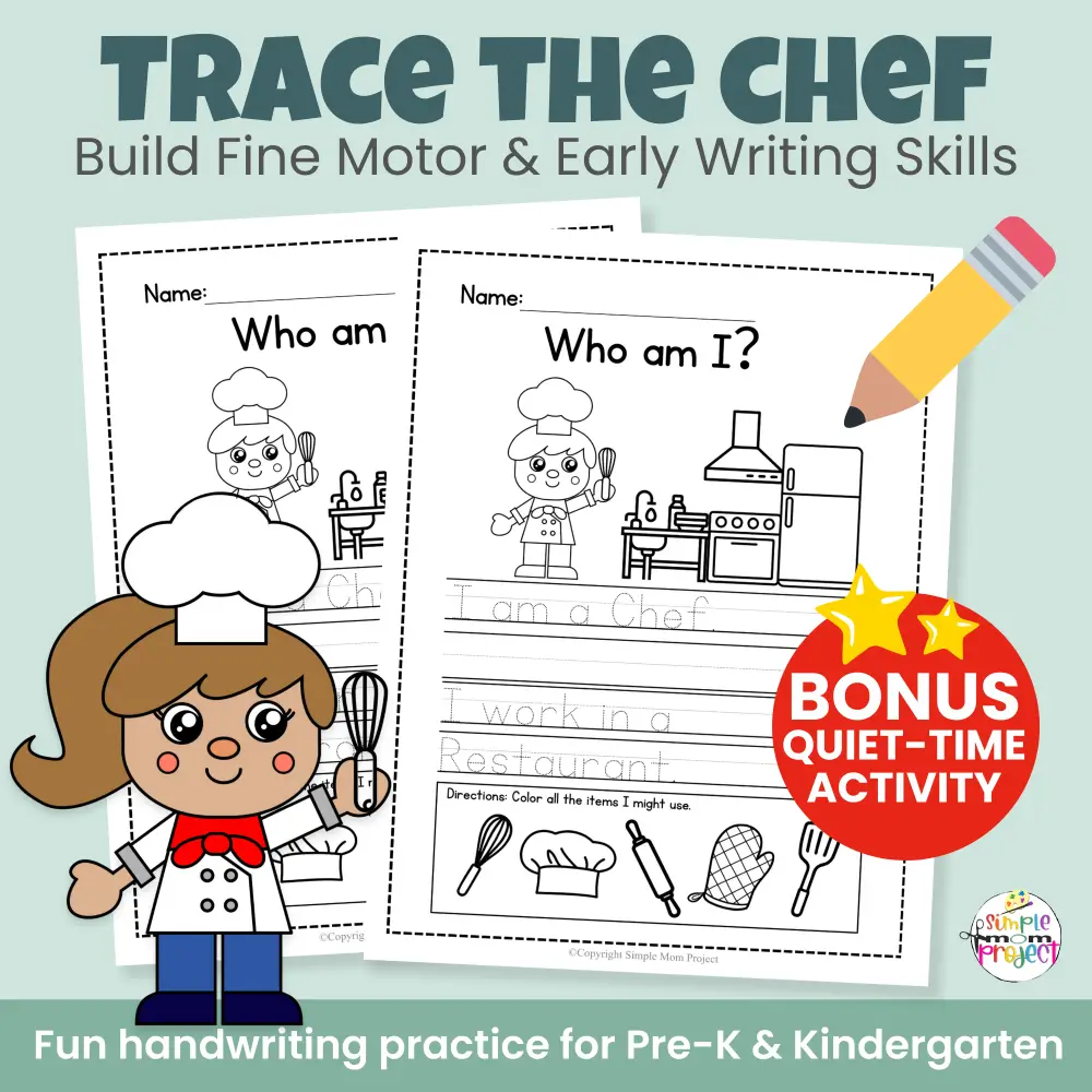 Need a simple food theme craft? This chef cut & paste activity helps kids learn about chefs while building scissor skills and fine motor strength. Includes bonus worksheets and coloring pages — no prep required!