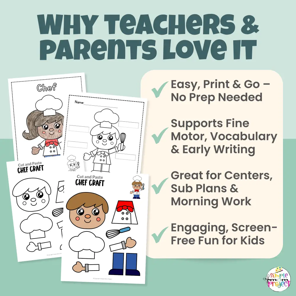 This chef craft for kids is ideal for preschool, kindergarten, and early elementary learners. Children assemble a chef while strengthening fine motor skills. Includes FREE bonus tracing worksheet, labeling activity, and coloring pages for extended learning.