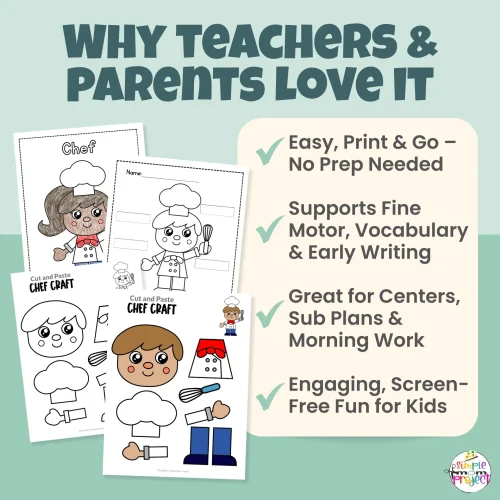 This chef craft for kids is ideal for preschool, kindergarten, and early elementary learners. Children assemble a chef while strengthening fine motor skills. Includes FREE bonus tracing worksheet, labeling activity, and coloring pages for extended learning.