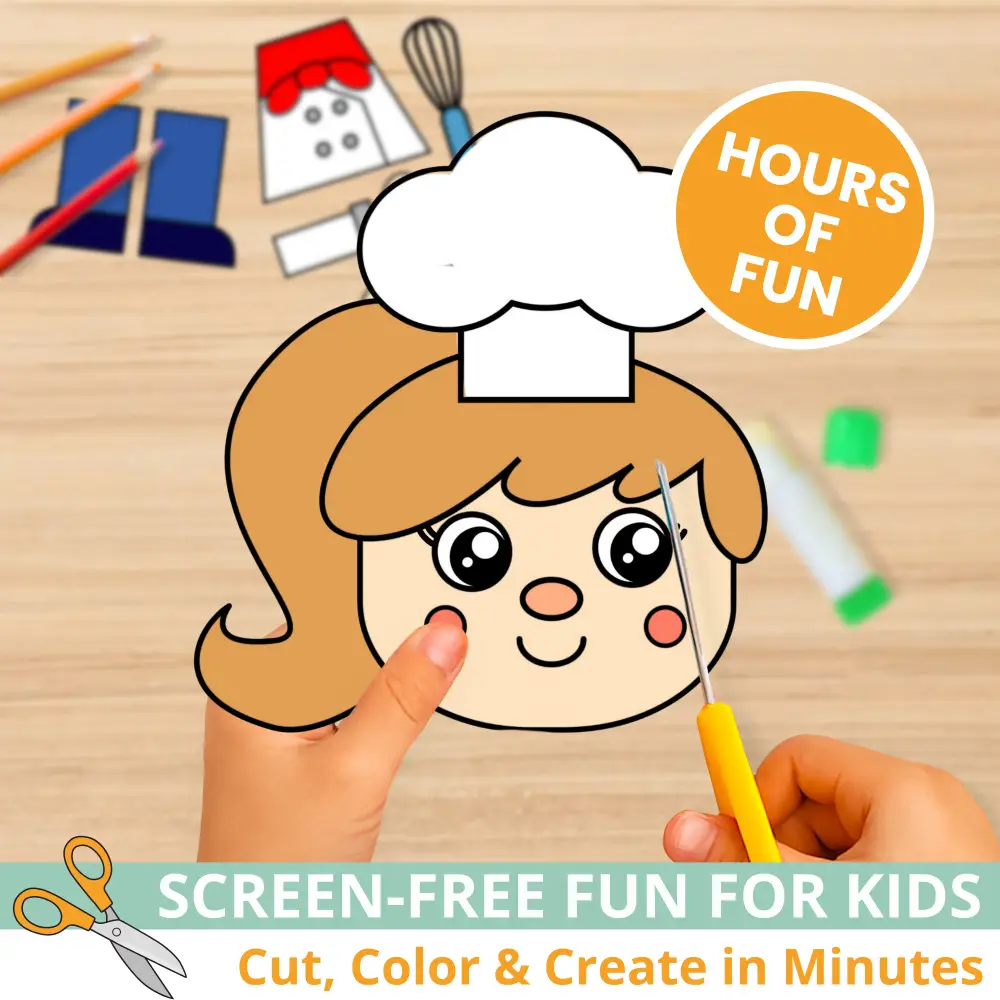 Make community helper lessons fun with this chef cut & paste craft for kids. Designed for early learners and includes bonus tracing, labeling, and coloring pages. Easy, engaging, and perfect for print-and-go classroom or homeschool activities.