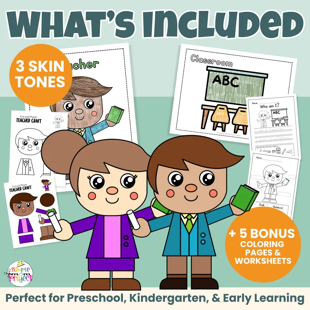 Looking for a low-prep community helper teacher craft? This printable cut & paste activity helps kids build scissor skills, early writing, and vocabulary. Includes male & female teacher options, inclusive skin tones, and bonus worksheets teachers love. Just print and go!