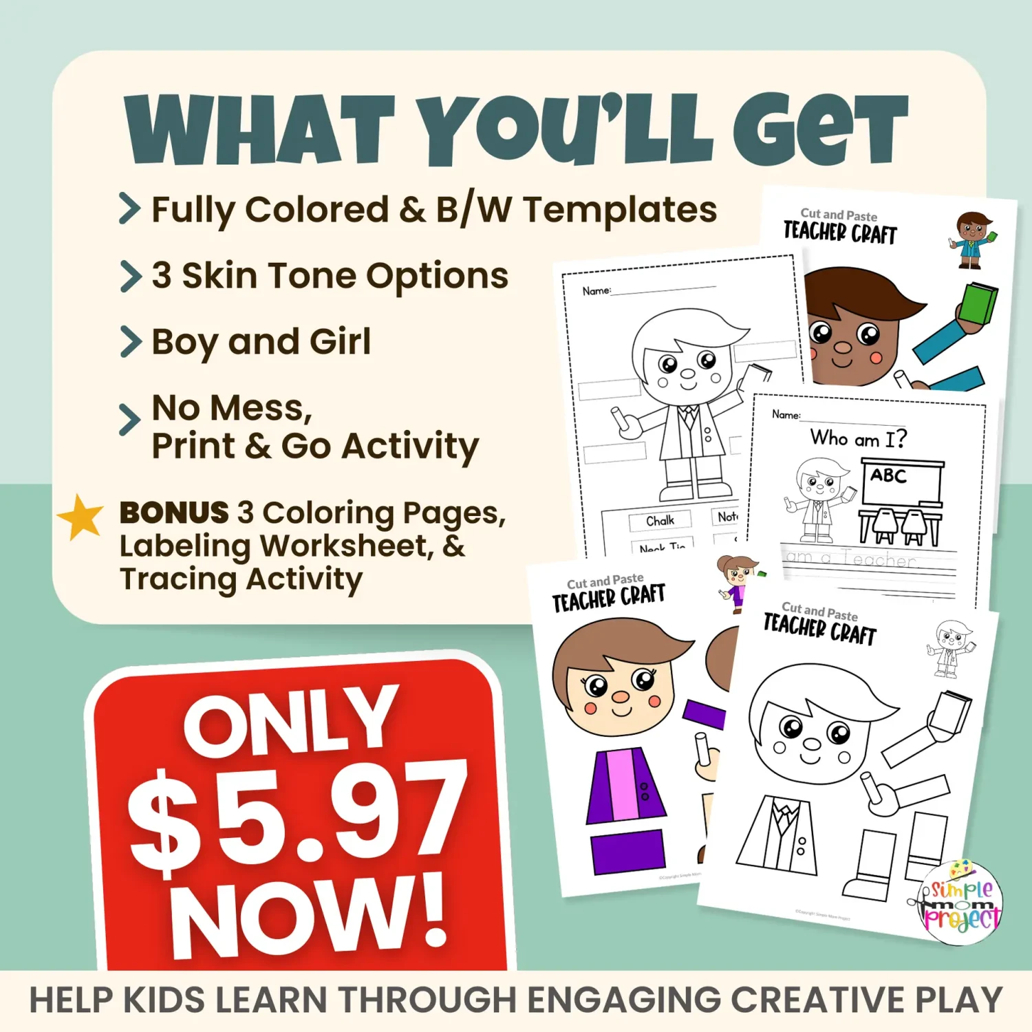 This teacher craft printable keeps kids engaged while supporting early learning skills. Cut, paste, trace, and label activities build confidence and creativity. Includes inclusive character options and FREE bonus activities.