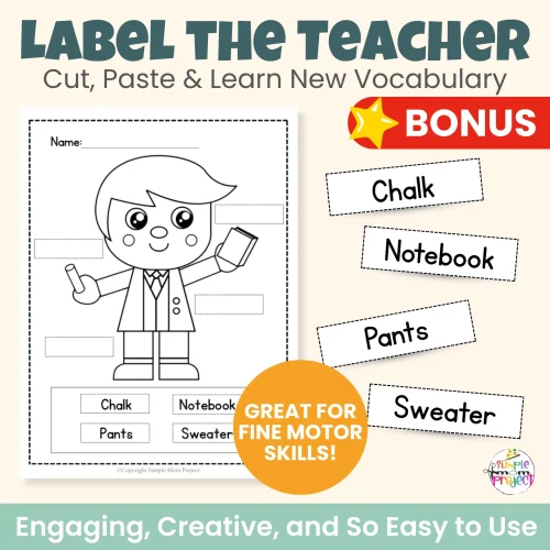Teach kids about classroom helpers with this printable teacher craft. Hands-on activity includes a cut & paste teacher plus FREE bonus coloring pages, tracing practice, and labeling pages. Perfect for preschool, kindergarten, and homeschool learning.