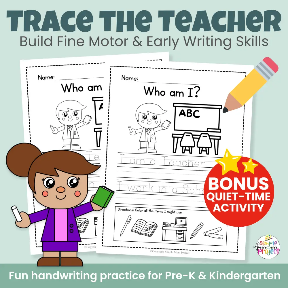 Need a simple back-to-school craft? This teacher cut & paste activity helps kids learn about teachers while building scissor skills and fine motor strength. Includes bonus worksheets and coloring pages — no prep required!