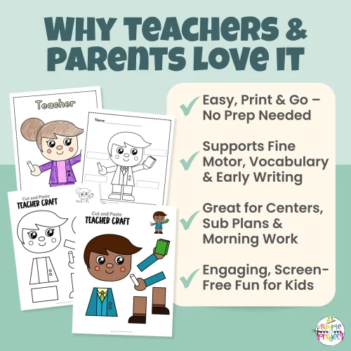 This teacher craft for kids is ideal for preschool, kindergarten, and early elementary learners. Children assemble a teacher while strengthening fine motor skills. Includes FREE bonus tracing worksheet, labeling activity, and coloring pages for extended learning.