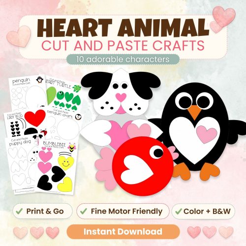 These Heart Animal Cut & Paste Crafts make learning hands-on and fun! Includes 10 adorable characters in full color and black & white—perfect for preschool, kindergarten, homeschool, and centers.