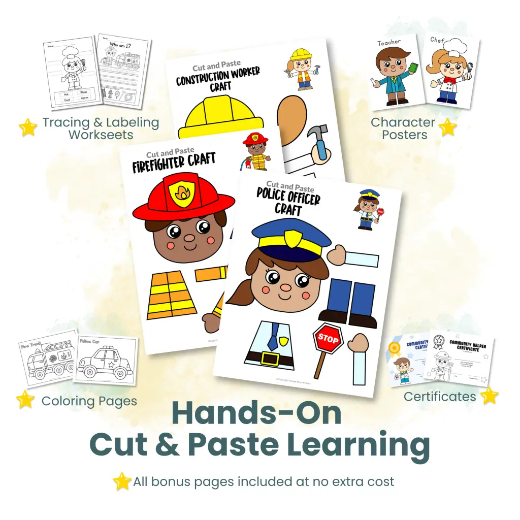 What’s Included in the Community Helper Mega Bundle Printable community helper activities including cut and paste crafts, coloring pages, tracing worksheets, labeling pages, certificates, and character posters.