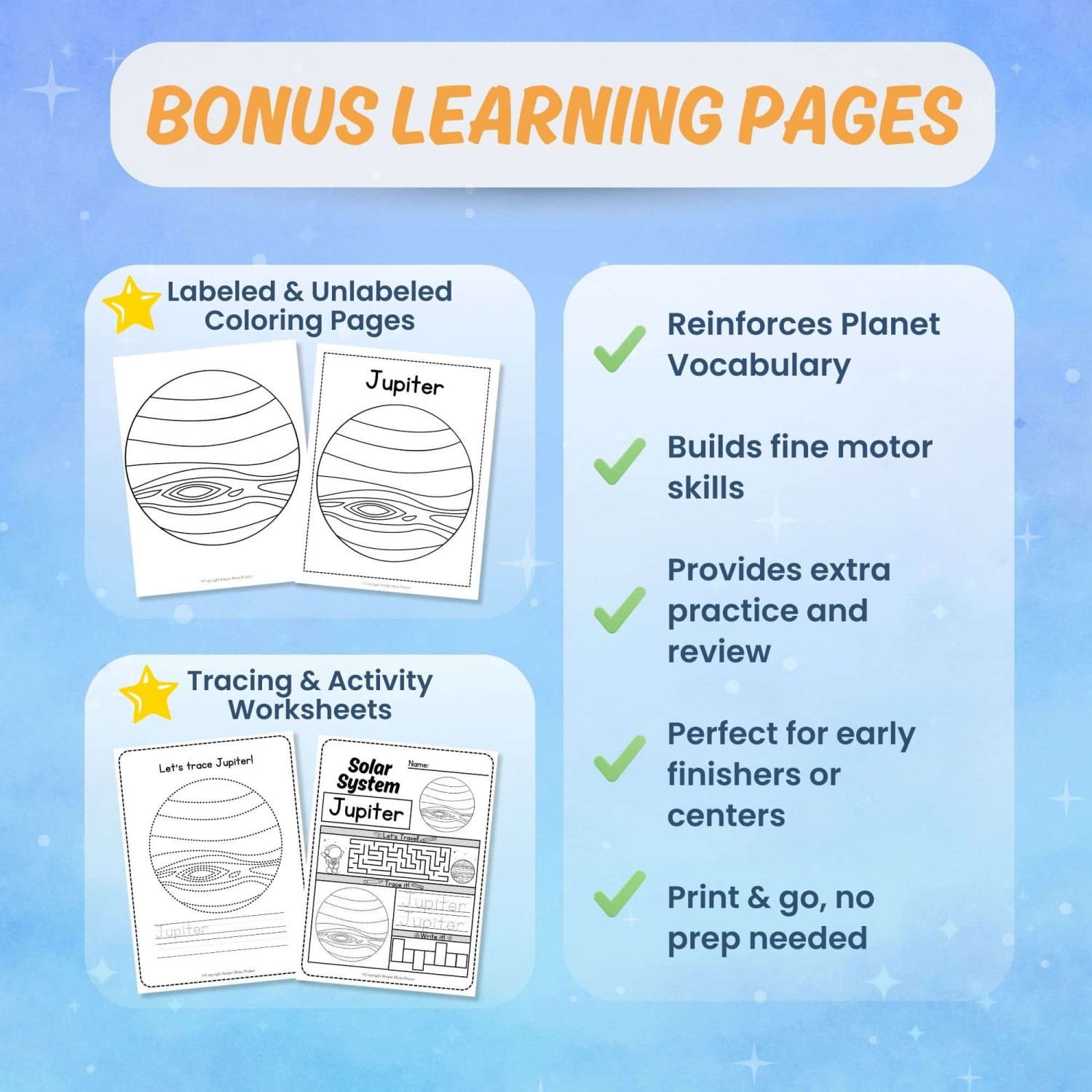 Printable Jupiter worksheets tracing coloring science activity pages