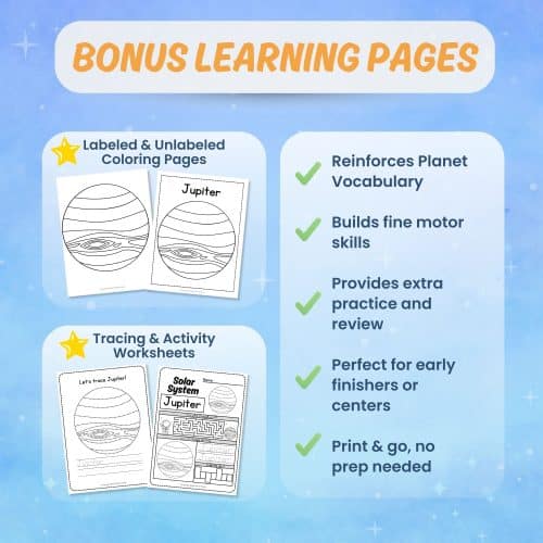 Printable Jupiter worksheets tracing coloring science activity pages