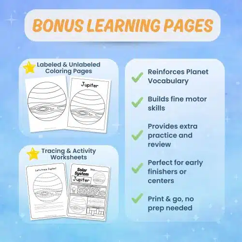 Printable Jupiter worksheets tracing coloring science activity pages