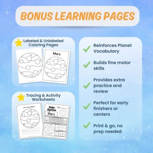 Printable Mars worksheets tracing coloring science activity pages