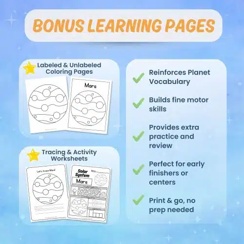 Printable Mars worksheets tracing coloring science activity pages