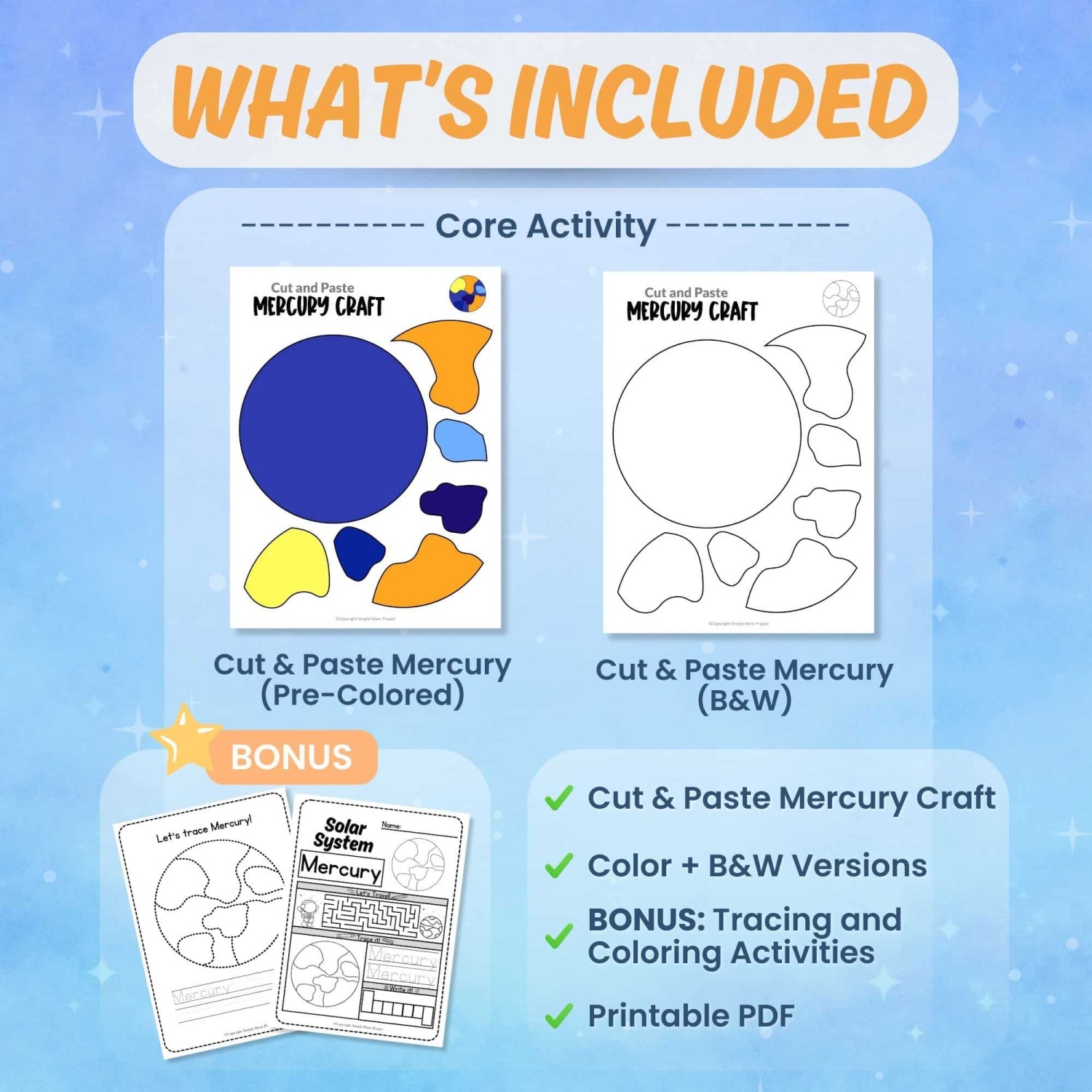 Fun Mercury craft printable for kids 🪐 Includes worksheets, coloring pages, and hands-on science activities perfect for solar system units.