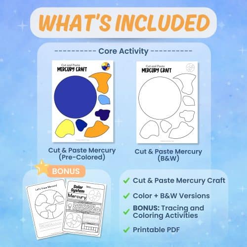 Fun Mercury craft printable for kids 🪐 Includes worksheets, coloring pages, and hands-on science activities perfect for solar system units.
