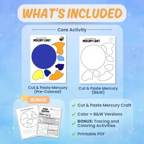 Fun Mercury craft printable for kids 🪐 Includes worksheets, coloring pages, and hands-on science activities perfect for solar system units.