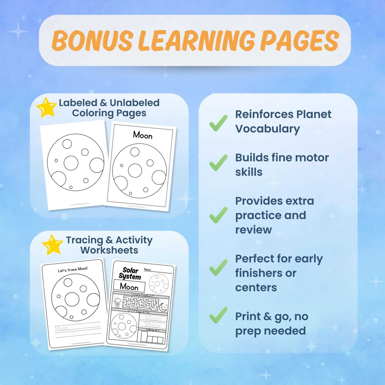 Printable moon worksheets tracing coloring science activity pages