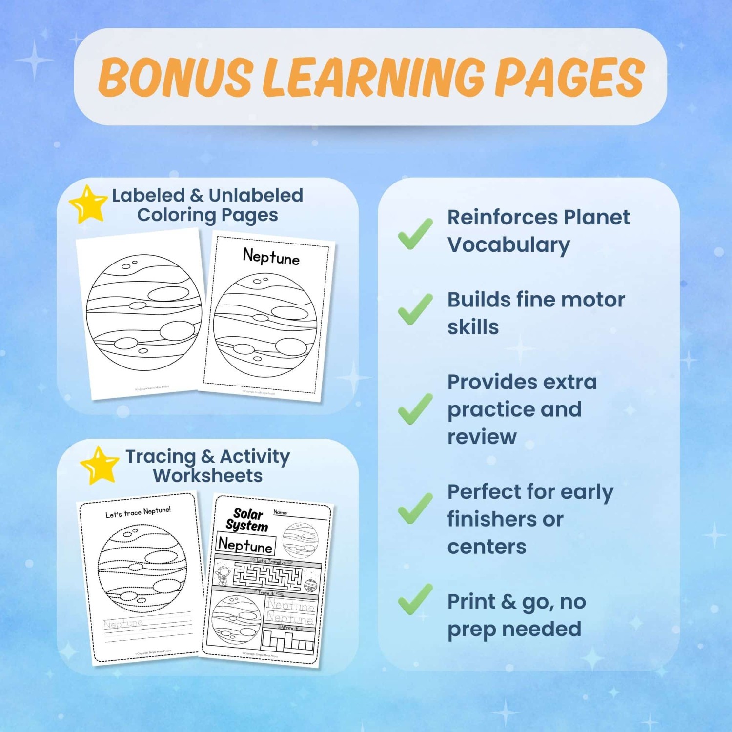 Printable Neptune worksheets tracing coloring science activity pages