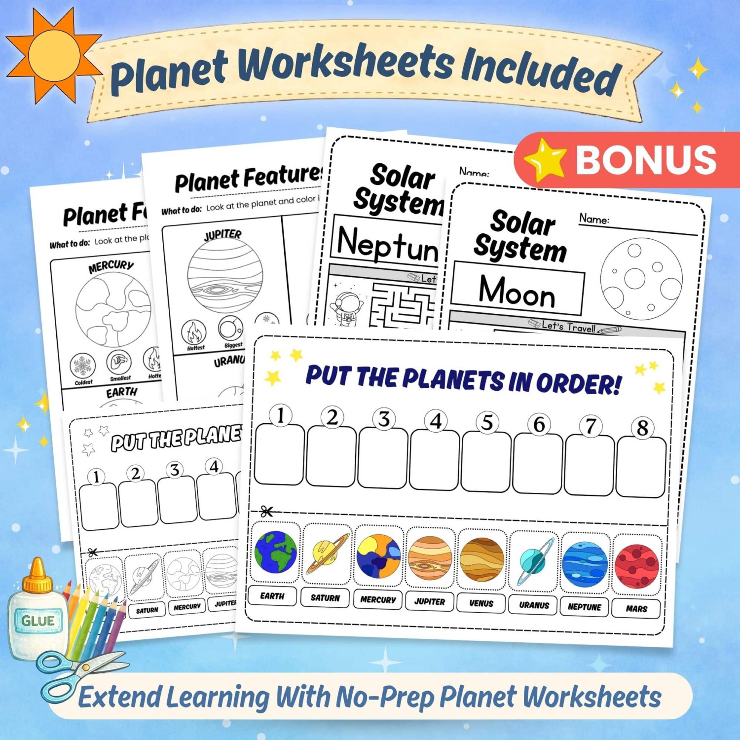 Bonus solar system worksheets planet sorting features tracing science activities