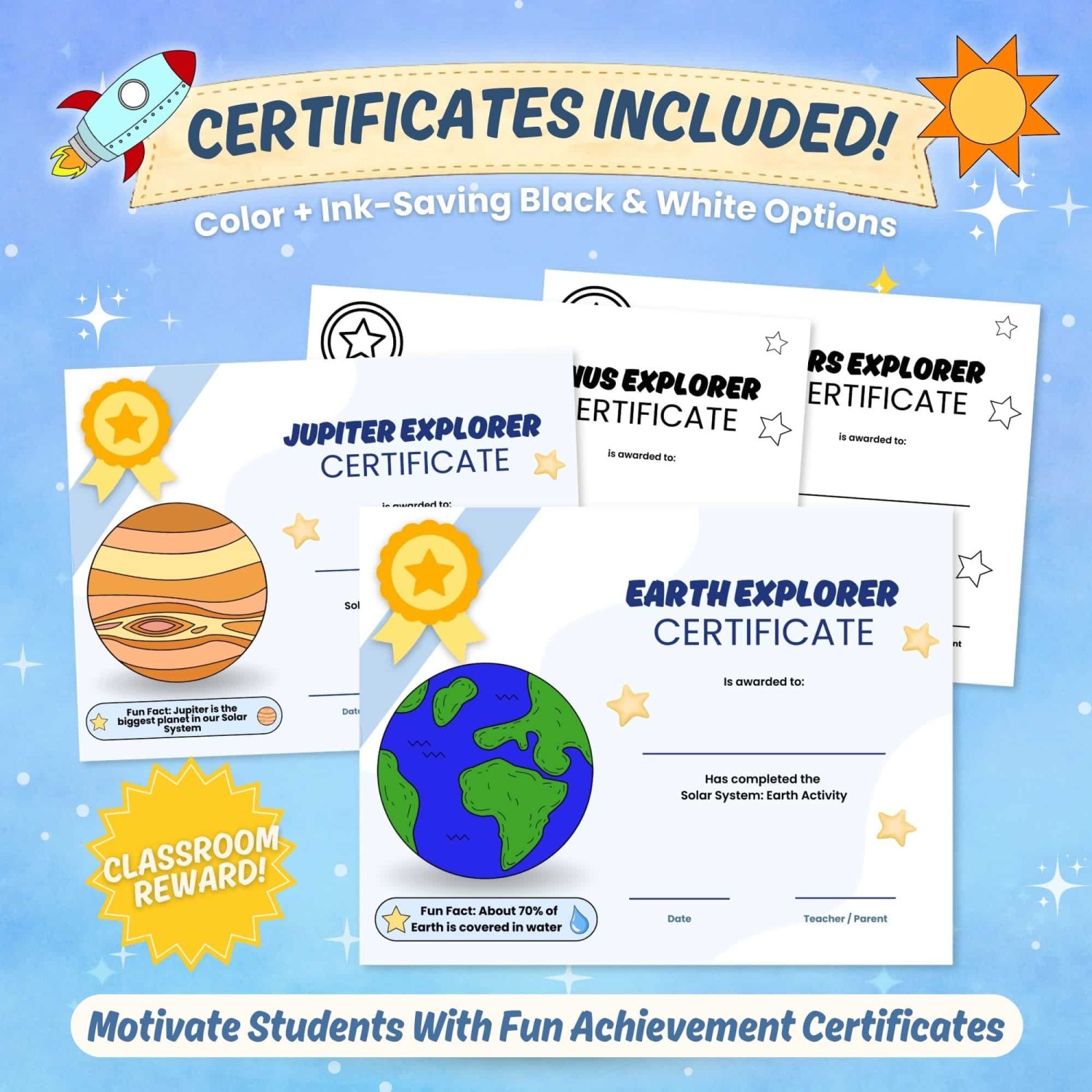 Solar system completion certificates printable classroom science reward pages