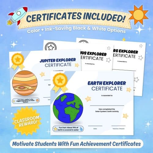 Solar system completion certificates printable classroom science reward pages