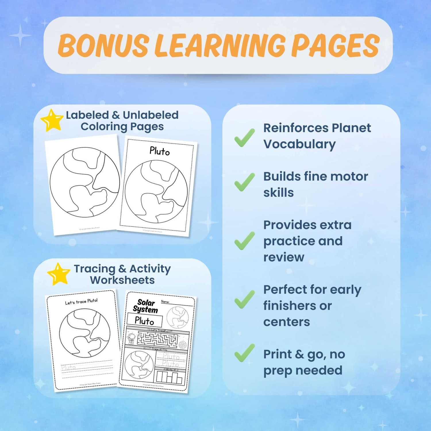 Printable Pluto worksheets tracing coloring science activity pages