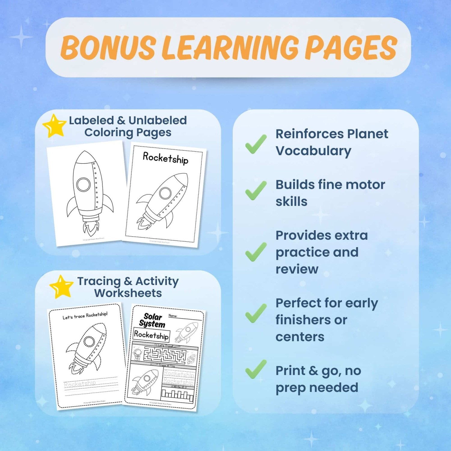 Printable rocket worksheets tracing coloring science activity pages