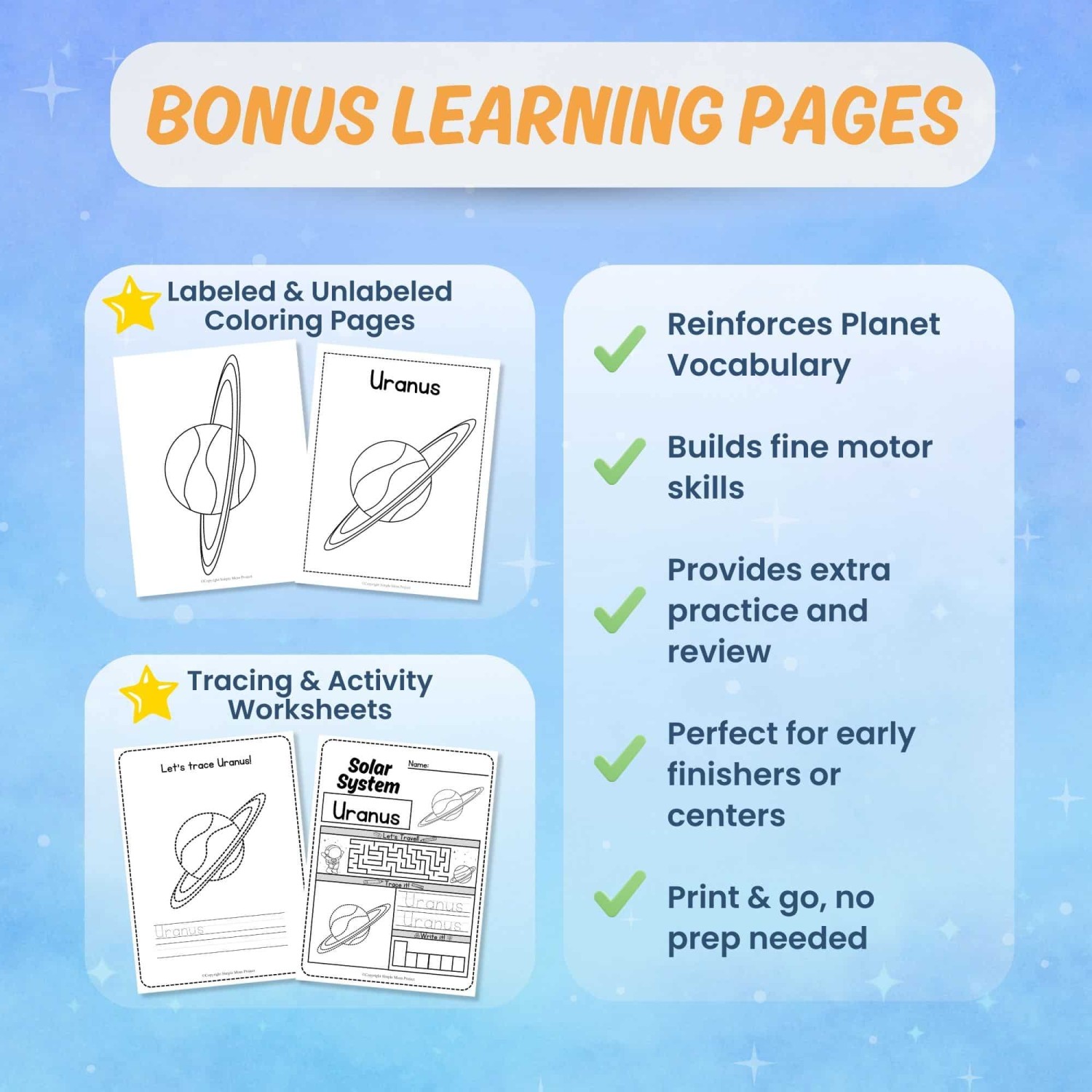 Printable Uranus worksheets tracing coloring science activity pages