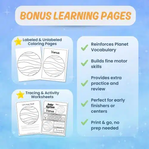 Printable Venus worksheets tracing coloring science activity pages