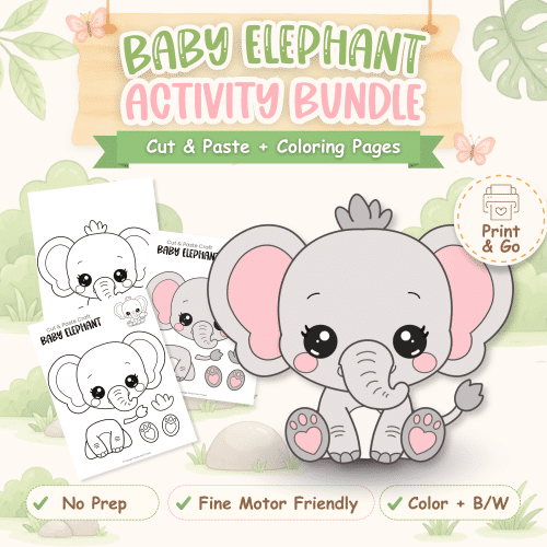 Printable baby elephant craft bundle with cut and paste templates and coloring pages for preschool and kindergarten.