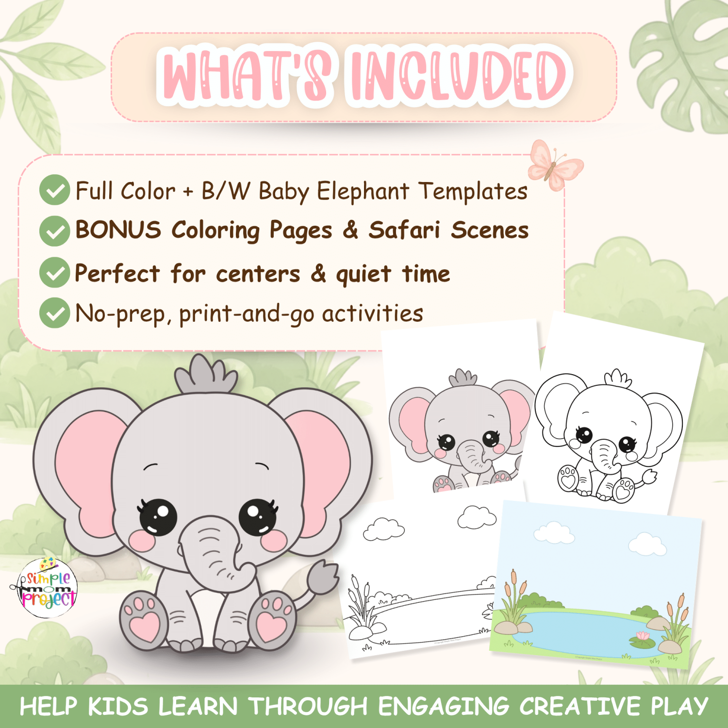 Preschool elephant craft printable featuring cut and paste activities, coloring pages, and safari learning fun.