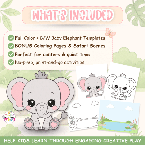 Preschool elephant craft printable featuring cut and paste activities, coloring pages, and safari learning fun.